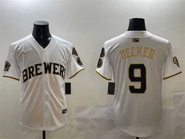 Men%27s Milwaukee Brewers #9 Bob Uecker White Gold With Home Patch Limited Stitched Jersey->milwaukee brewers->MLB Jersey